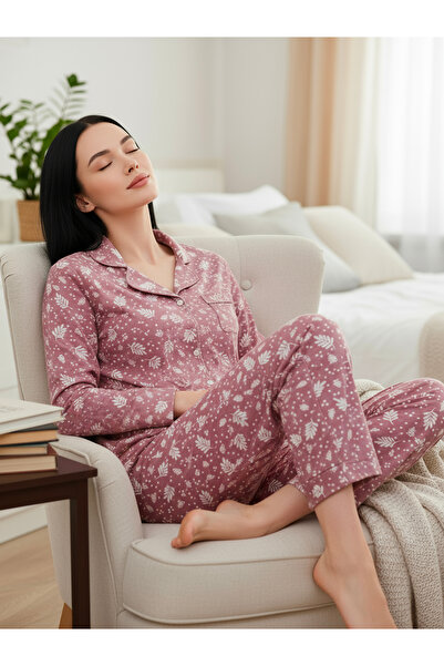 Bravie Σετ πιτζάμες από σουέτ πουκάμισο 7008 Nature Pattern Powder