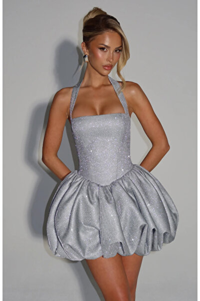 Justin Kadın Silver Boyundan Kancalı Korsaj Detay Balon Etekli Simli Bağlamal...