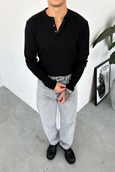 HAFKAGİYİM Μαύρο μακρυμάνικο μπλουζάκι με γιακά με κουμπιά