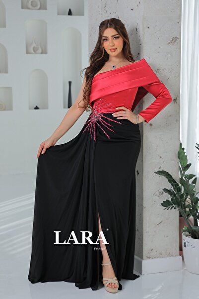 Lara فستان سهرة فوشي وأسود بتصميم كتف مكشوف راقٍ