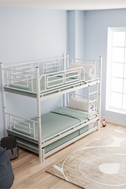 MOBLAY Defne Yavrulu Genç Çocuk Yatak Odası Metal Ranza Ve Karyola 90x200 Beyaz