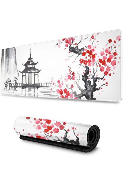Generic Gaming mouse pad — Japanese cherry blossom print, XL desk mat 31.5×11.8 in, stitched edges, non-s