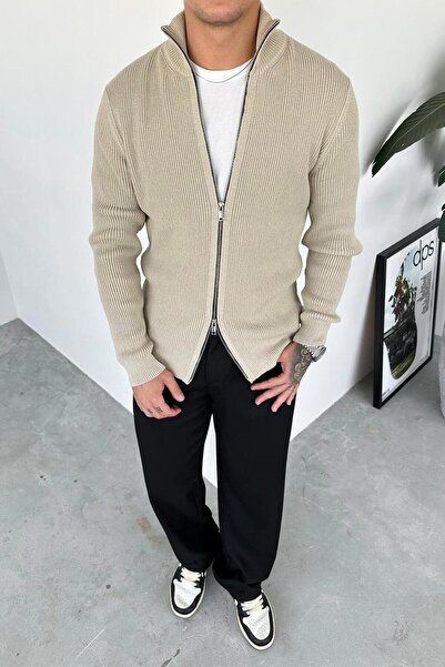 HAFKAGİYİM Beige Full Zip Basic Knit Sweater
