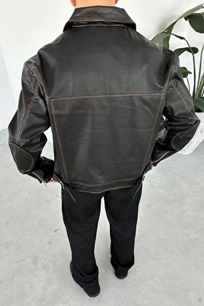 HAFKAGİYİM Δερμάτινο μπουφάν με vintage σχέδιο και αντίκες λεπτομέρειες