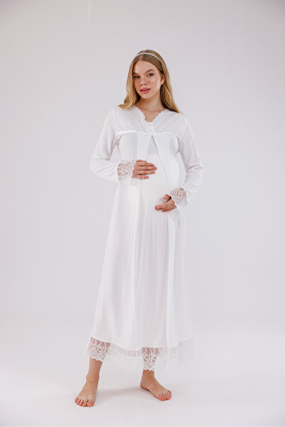 Yulem Homewear Ecru Special Lace Design Cotton Maternity Pajamas Set and Nightgown 4-Piece Set