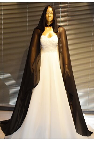 paris in paris CAFTAN-ROCHIE DE MIREASĂ NEGRU K cu glugă DIN șifon - PELERINĂ DEASĂ ROCHIE DE SEARĂ - PELERINĂ DE șifon DEASĂ ROCHIE NEGRU KINA