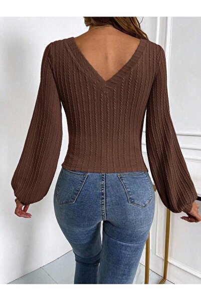 meren like your style καφέ μπλούζα με λαιμόκοψη σε σχήμα V και ανοιχτή πλάτη Alaçatı