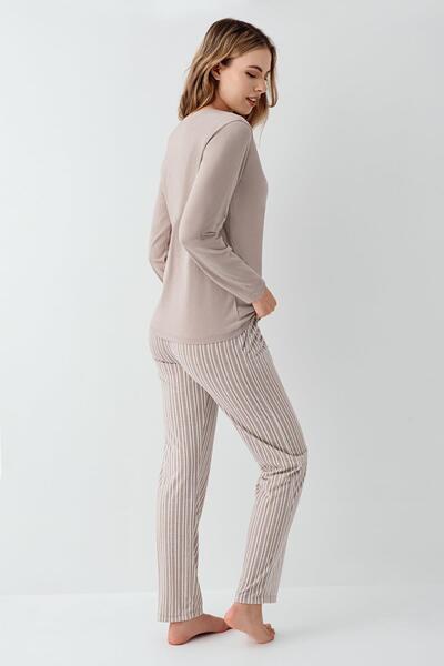 Arnetta Set de pijamale confortabile pentru femei, cu bumbac 100% piese, cu guler deschis, cu mâneci lungi, în dungi