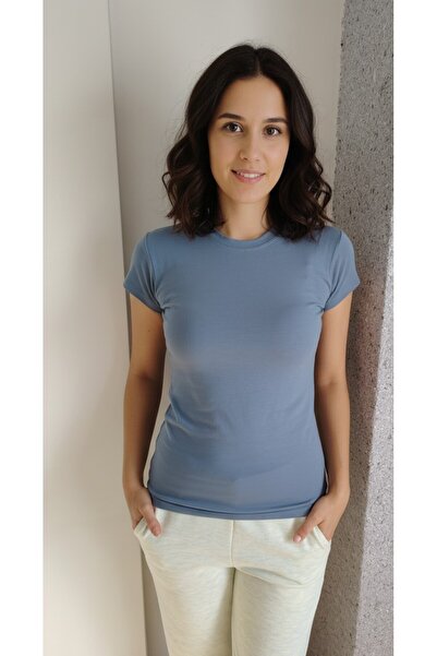 moda felinya Women's Short Sleeve Circular Neck Indigo (Greyish Blue) Bady