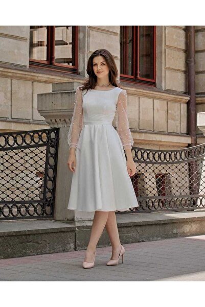LARIETTE White midi satin civil wedding dress with sleeves decorated with pearls