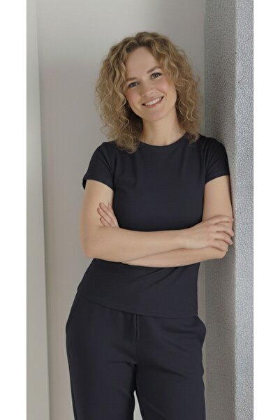 moda felinya Women's Short Sleeve Circular Neck Anthracite Bady