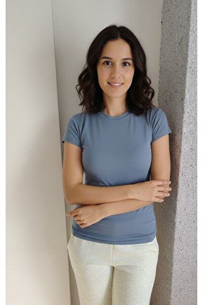 moda felinya Women's Short Sleeve Circular Neck Indigo (Greyish Blue) Bady