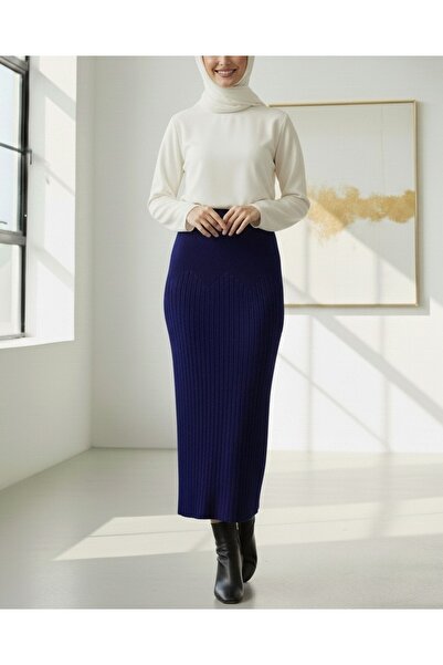 Modamorfo Elastic Waist Pleated Knit Skirt - Navy