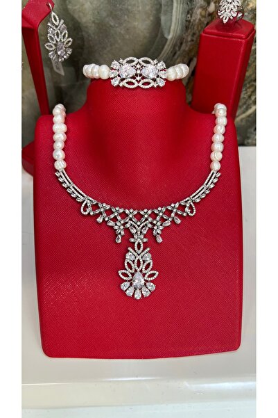 TRİA SİLVER Kültür İnci ve Zirkon Taşlı 4'lü İnci Set, 925 Ayar Gümüş, Rodyum Kaplama, Kolye Küpe Yüzük Bileklik