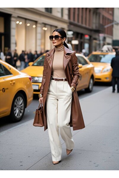 1Moda1Tarz Imported Leather Coat with Brooch Detail and Lining, Special Design, Including Belt