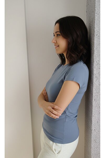 moda felinya Women's Short Sleeve Circular Neck Indigo (Greyish Blue) Bady