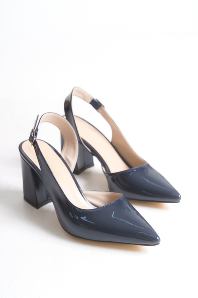 LEVONYA Women's Navy Blue Patent Leather Side Open Thick Pointed Heeled Shoes