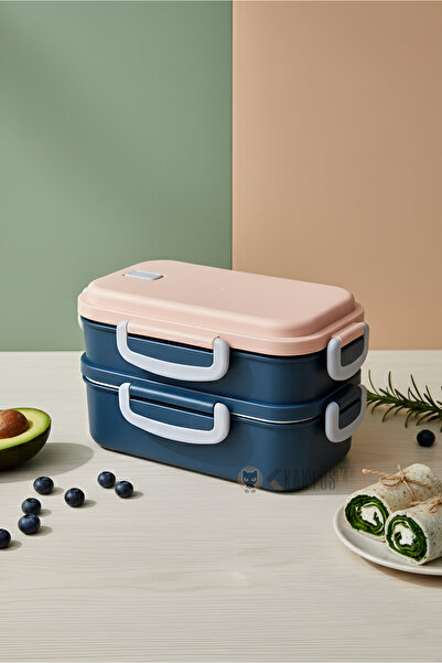 KaktüsKedi 2-Tier Aurora Stainless Steel Leakproof Lunch Box - Lunch Box Navy Blue