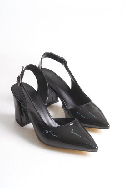 LEVONYA حذاء نسائي أسود من الجلد اللامع مفتوح من الجانب بكعب سميك مدبب