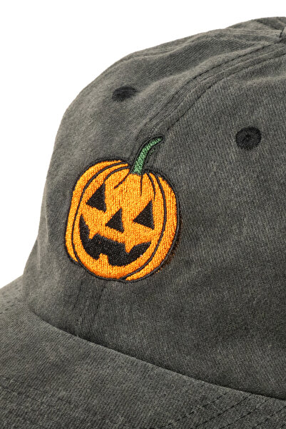 Nome Studio Antrasit Halloween Şapka Turuncu Balkabağı Nakışlı Gri kumaş üstüne Kostümlü Parti Aksesuarı