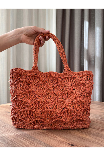 Manella Collective El Yapımı Midye Desenli Hasır Görünümlü Kiremit Rengi Çanta