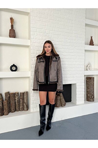 ALVOR Palton de damă din piele laminată cu blană, cu detaliu de centură la guler