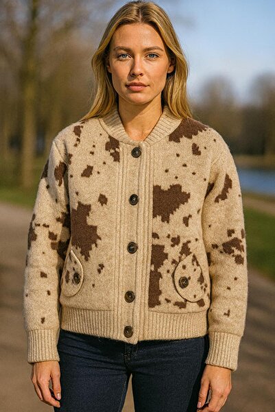 LOTUS CITY Beige Brown Color Patterned Crew Neck Buttoned Knitwear Cardigan