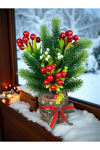 NEŞELİ ÇİÇEKLER زينة عيد الميلاد من الزهور الاصطناعية، جذع طبيعي وشجرة صنوبر اصطناعية، 30 سم، ديكور لسطح الطاولة، زخارف منزلية