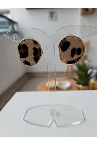 ÇAĞ MODA aksesuar leopar desenli tüylü oval küpe