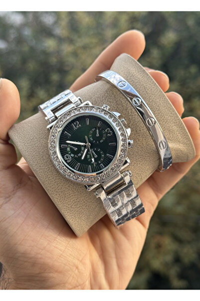 Tulpar Women's Silver Color Wristwatch with Zircon Stone in Special Box with Bracelet Gift