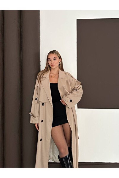 ALVOR Oversize Kalın Kumaş Uzun Mevsimlik Kruvaze Yaka Kemerli Trençkot Satıc...