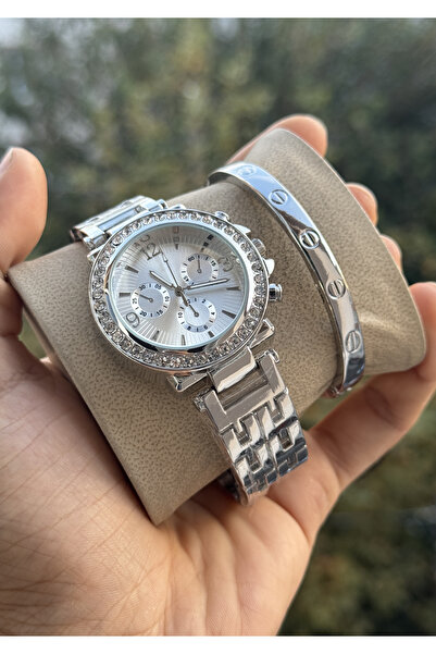 Tulpar Women's Silver Color Wristwatch with Zircon Stone in Special Box with Bracelet Gift