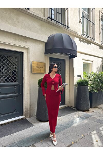 Bak'ap Premium Gül Detaylı Hırka-Uzun Etek 2'li Triko Takım