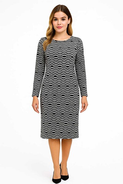 Şans Women's Plus Size Grey-Black, Crew Neck Patterned Dress 65N39206