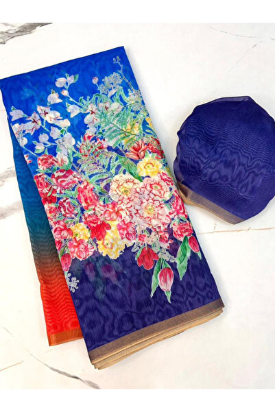 MYSMAR Blue Chanderi Cotton Saree - KTZ2841 | Blue