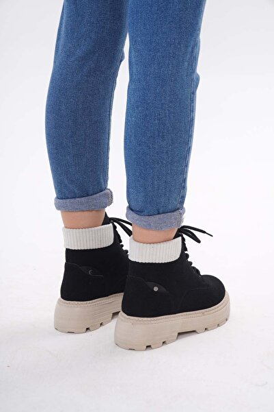 nuvilo siyah suet kalın taban bagcıklı kadın kısa bot