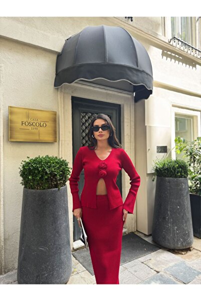 Bak'ap Premium Rose Detailed Cardigan-Long Skirt 2-Piece Knitwear Set