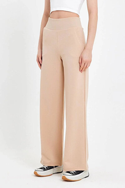bysoca Kadın Bej Yüksek Bel Cepli Palazzo Geniş Paça Krep Kumaş Günlük Pantol...