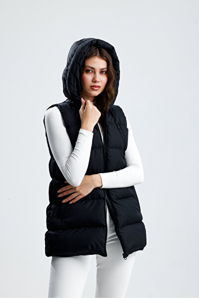 jöns since 1997 Γυναικείο μαύρο φουσκωτό γιλέκο με με κουκούλα τσέπες