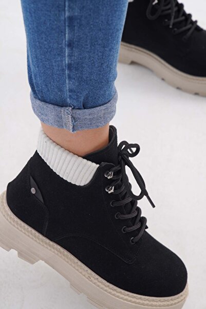 nuvilo siyah suet kalın taban bagcıklı kadın kısa bot