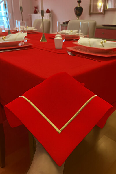 Zeren Home Piko Gold Wrap Detailed Polyester Linen Carefree Tablecloth Red