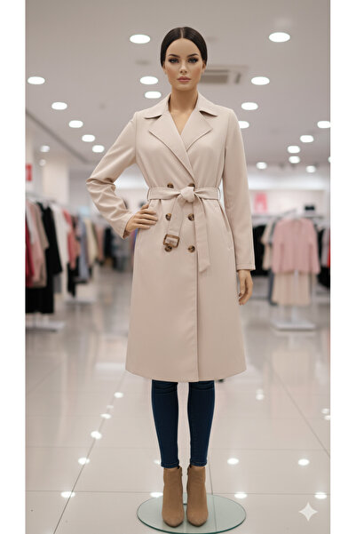 MODA Krem A kalite kravuze düğmeli arka yırtmaçlı midi boy trenckot