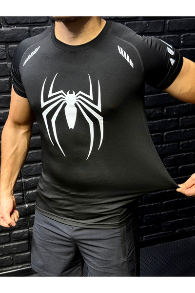 YHM تي شيرت ضغط من سلسلة خاصة باللون الأسود من Spider مطبوع – يبرز خطوط العضلات