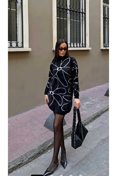 aytenli Yarım Balıkcı Yaka Çiçek Desenli S 2XL ye Uyumlu Standart Beden Sakallı Yumuşacık Uzun Triko Kazak