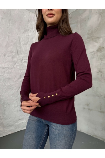 Elif Özbey Butik Plum Turtleneck Gold Buttoned Knitwear Blouse