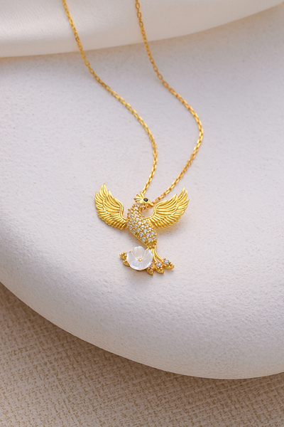 ESSARE 925 Ayar Gümüş Gold Kaplama Manolya Çiçeği Detaylı Zümrüdü Anka Kuşu