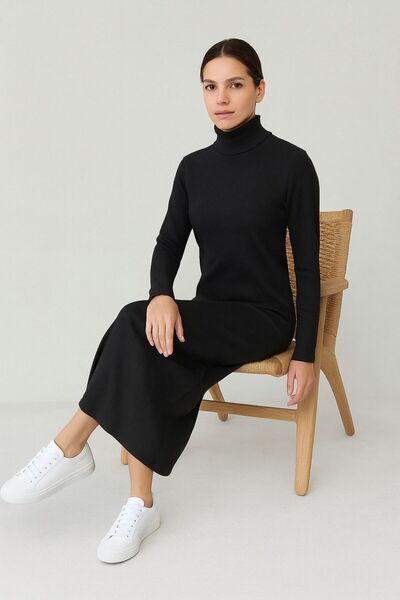 MAY MARA Ribbed Knit Lycra Fishing Collar Long Dress