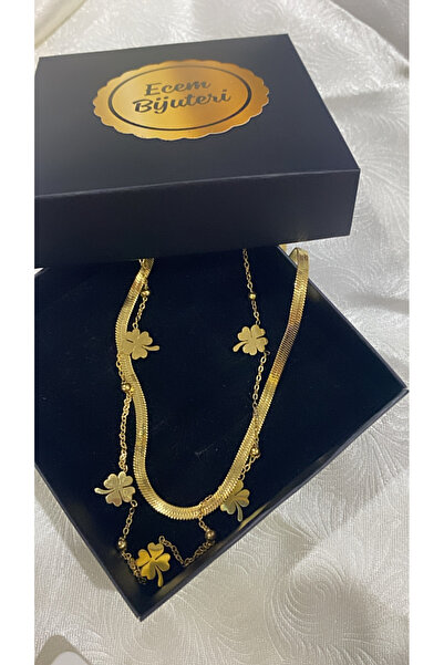Ecem Bujiteri Çelik Altın Kaplama Çoklu Yonca Kolye