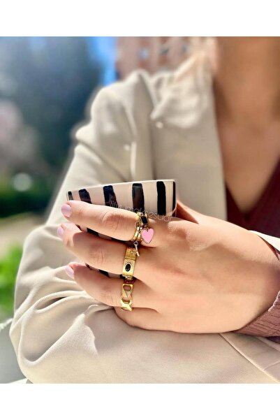 Lilyum Aksesuar Ayarlamalı 3'lü Çelik Set Yüzük Pembe Kalp Baget Taş Deniz Ka...