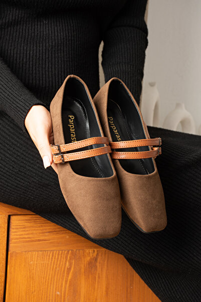 Parparastil Gracy Brown Women's Suede Buckle Ballerina Square Toe Elegant Flat Sole Casual Shoes